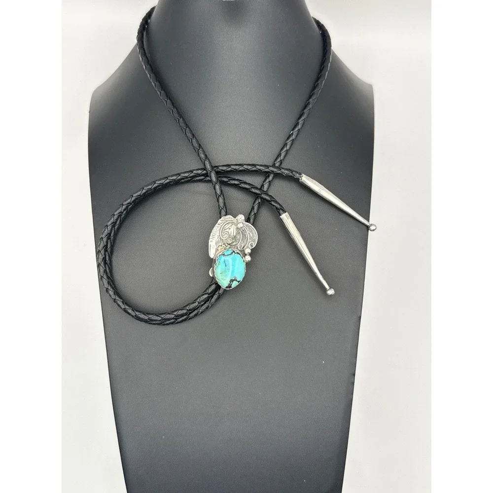 Navajo Signed Sterling Silver‎ Turquoise Bolo Tie Black Leather Cord Signed TG